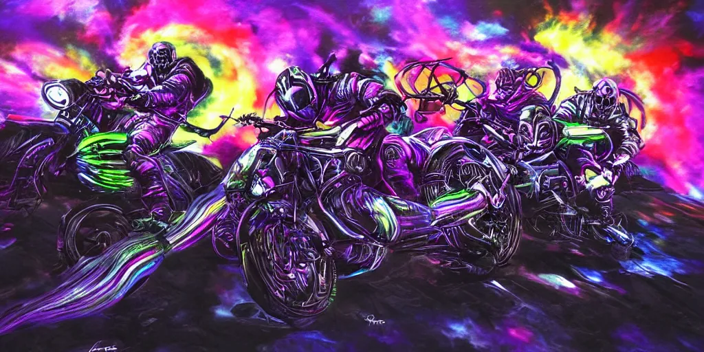 Prompt: psychedelic blacklight airbrush artwork, motorcycles, hyper stylized action shot of orc bikers racing on motorcycles, menacing orcs, drifting, skidding, wheelie, motorcycle tricks, clear focused details, soft airbrushed artwork, black background, cgsociety, artstation, stunning, masterpiece