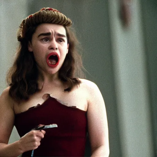 Image similar to emilia clarke screaming in twin peaks ( 1 9 9 0 )