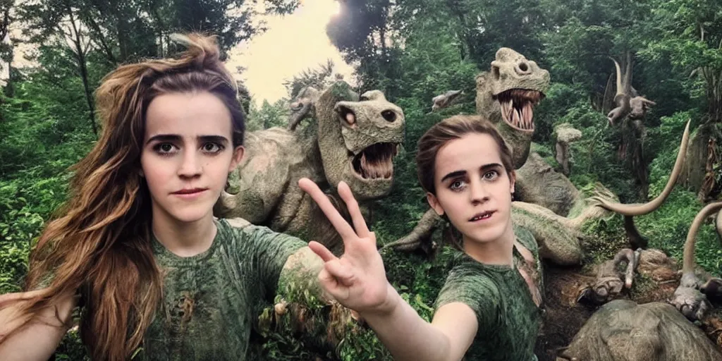 Image similar to photo, hairy fat cave people, emma!! watson!!, looking at camera, surrounded by dinosaurs!, gigantic forest trees, sitting on rocks, bright moon, birthday cake on the ground, front close - up view of her face, selfie, jelly! monster!