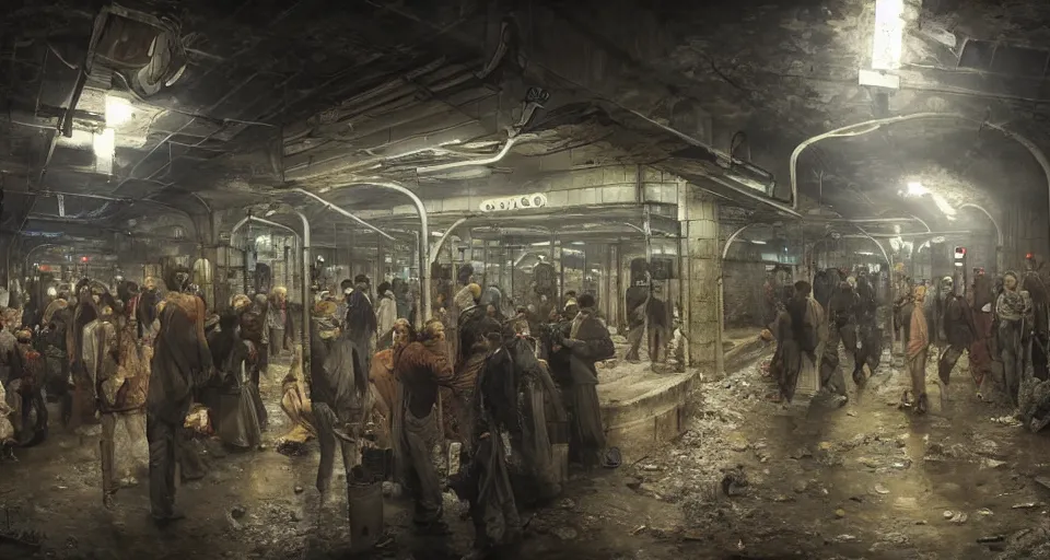 Image similar to cluster phobic market in an underground dystopian subway by eugene von guerard, ivan shishkin, dramatic lighting, concept art, trending on artstation