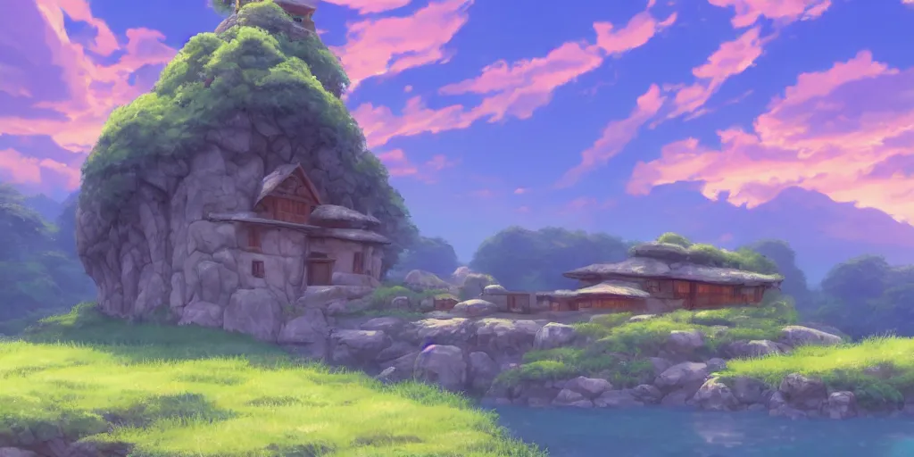 Prompt: a serene landscape with a singular building near a river with rocks at sunrise, ghibli studio, anime style, pixar style, concept art, octane render, trending on deviantart, highly detailed, high quality, soft lighting, path traced, beautiful landscape, cartoon, high coherence, cloud in the sky, digital painting, masterpiece, digital art, breathtaking landscape, soft colors, beautiful