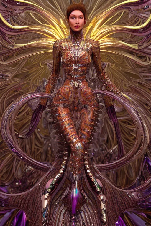 Image similar to a highly detailed metahuman 4 k render of an alien psychedelic goddess bella hadid in iris van herpen dress schiaparelli in diamonds swarovski and jewelry in style of alphonse mucha gustav klimt trending on artstation made in unreal engine 4