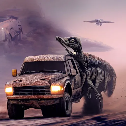 Image similar to truck velociraptor in the style of mad max and star wars, futuristic, dramatic lighting, intricate photorealism, high detail, many exotic high end features