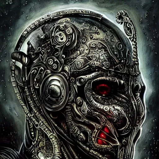 Prompt: portrait art in style of giger, of gritty realistic highly detailed intricate artistic award winning digital featuring the iridescent ornate cloaked space marine partially cybernetic dark entity god of future technology brandishing cosmic smoking iridescent weaponry, intricate, ornate, black armor with hints of rainbow and gothic influence, smooth oil painting, muted realistic colors, epic megastructure space scene background, super intricate, galactic, moody colors, realistic, real colors, moody, ominous, dangerous aura, microchips, crystallic, iridescent, lasers, gems, multicolored glints, precious elements, beautiful, detailed, concept art, render, unreal engine, 4K, artstation