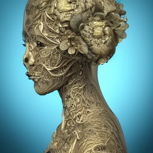 Image similar to beatifull face portrait of a woman, 150 mm, anatomical, flesh, flowers, mandelbrot fractal, facial muscles, veins, arteries, intricate, golden ratio, full frame, microscopic, elegant, highly detailed, ornate, ornament, sculpture, elegant , luxury, beautifully lit, ray trace, unreal, 3d, PBR, in the style of peter Gric , alex grey and Romero Ressendi