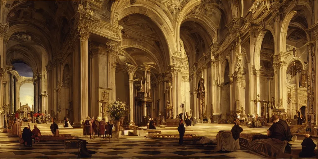 Image similar to beautiful oil matte painting, priests holding a church ceremony inside a baroque cathedral, wonderful masterpiece highly detailed, beautiful cinematic light deep focus, elegant, digital painting, smooth, sharp focus, golden ratio, dramatic illumination, ultra realistic, 8 k, art by giovanni bellini and caravaggio