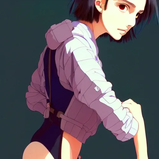 Image similar to a beautiful! boyish! natalie portman alluring gravure! model, wearing oversized mayan bomber jacket and leotard with overalls, bulky poofy bomber jacket with mayan patterns, gapmoe yandere grimdark, trending on pixiv fanbox, painted by greg rutkowski makoto shinkai takashi takeuchi studio ghibli, akihiko yoshida