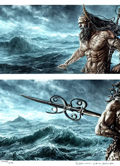 Image similar to Poseidon with crown and trident rising from the ocean, watercolor, dramatic lighting, cinematic, establishing shot, extremly high detail, foto realistic, cinematic lighting, pen and ink, intricate line drawings, by Yoshitaka Amano, Ruan Jia, Kentaro Miura, Artgerm, post processed, concept art, artstation, matte painting, style by eddie mendoza, raphael lacoste, alex ross