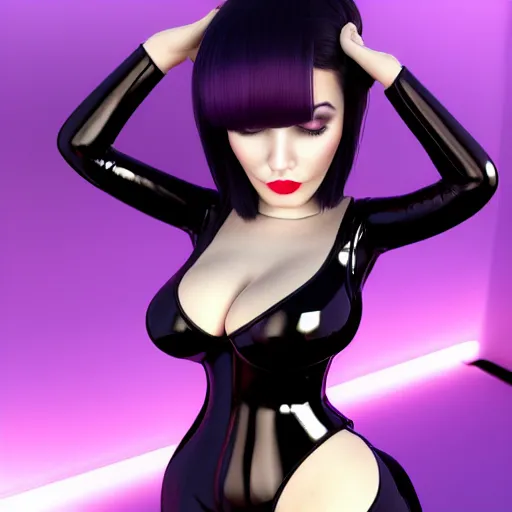 Image similar to curvy feminine hot goth cutie in a sublime elegant polished black latex neck-high outfit with purple trim, thin waist, cgsociety, photorealistic, comfy ambience, idealistic, 16k, smooth, sharp focus, trending on ArtStation, volumetric lighting, fully clothed, worksafe