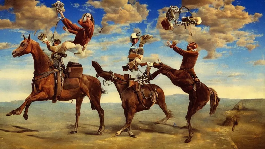 Image similar to a man is holding a horse, a horse is flying, a man is standing, a man is rooted to the ground, a horse riding an astronaut, surrealism, surrealist