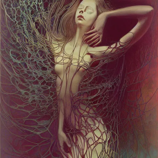 Image similar to a portrait by zdzisław beksinski, iris van herpen, raymond swanland and alphonse mucha. highly detailed, hyper - real, beautiful