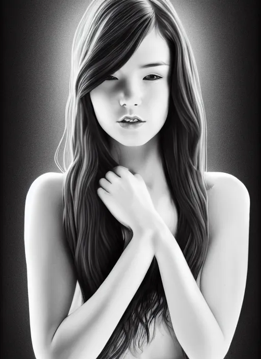 Image similar to full body portrait of a beautiful young woman in black and white, photorealistic, hair down to waist, sharp focus, in the style of Kevin Kostic, Stephen Lau and artgerm, hyper sharp focus, 8k highly detailed