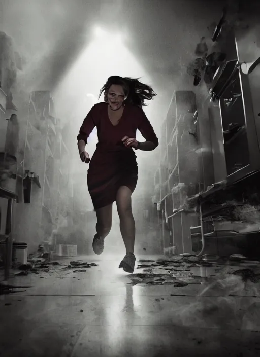 Prompt: a stock photo of a trashy female scientist running from a monster in a lab, wide shot, 2 4 mm lens, cinematic lighting, volumetric fog, iso 8 0 0, shallow depth of field, horror movie, award winning