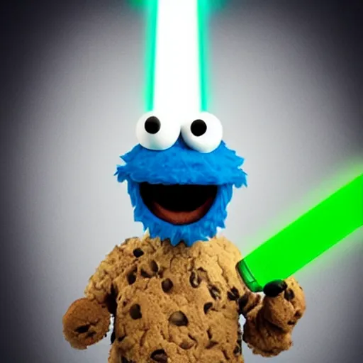 Image similar to angry cookie monster holding a lightsaber in his hand, epic anime style.