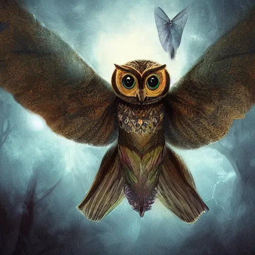Prompt: moth owl hybrid chimera creature, flying between trees, high quality digital art, dreamy atmosphere, dramatic lighting