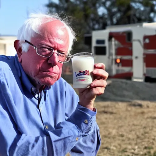 Image similar to Bernie sanders with a mullet drinking a pbr in a trailer park