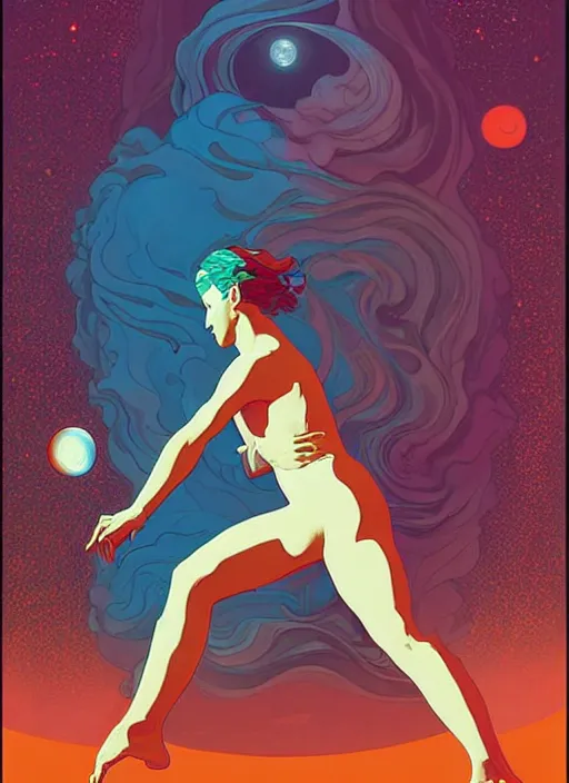 Image similar to poster artwork by michael whelan and tomer hanuka, a portrait of beautiful sensual dancing in the clouds of jupiter, clean