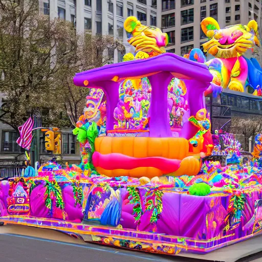 Image similar to photo of giant lisa frank bosch style parade float in the macys thanksgiving parade, detailed 4 k photo