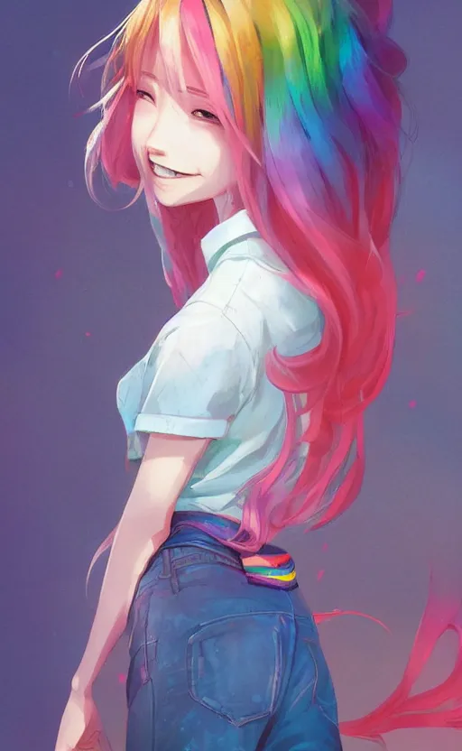 Image similar to a kawaii woman with rainbow hair, happy, summer time, soft eyes and narrow chin, dainty figure, long hair straight down, kawaii shirt and jeans, basic white background, In style of by Jordan Grimmer and greg rutkowski, crisp lines and color