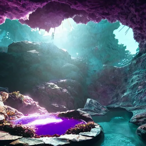 Prompt: inside an amethyst cave with a hotspring, highly detailed, 4k, HDR, award-winning, artstation, octane render