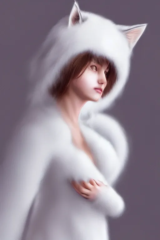 Image similar to beautiful aesthetic full body digital illustration of a young woman wearing a furry white cat costume by wlop and Julia Razumova, realistic, photorealistic, hyperrealistic, unreal engine, octane, deviantArt, trending on artstation, artstation HQ