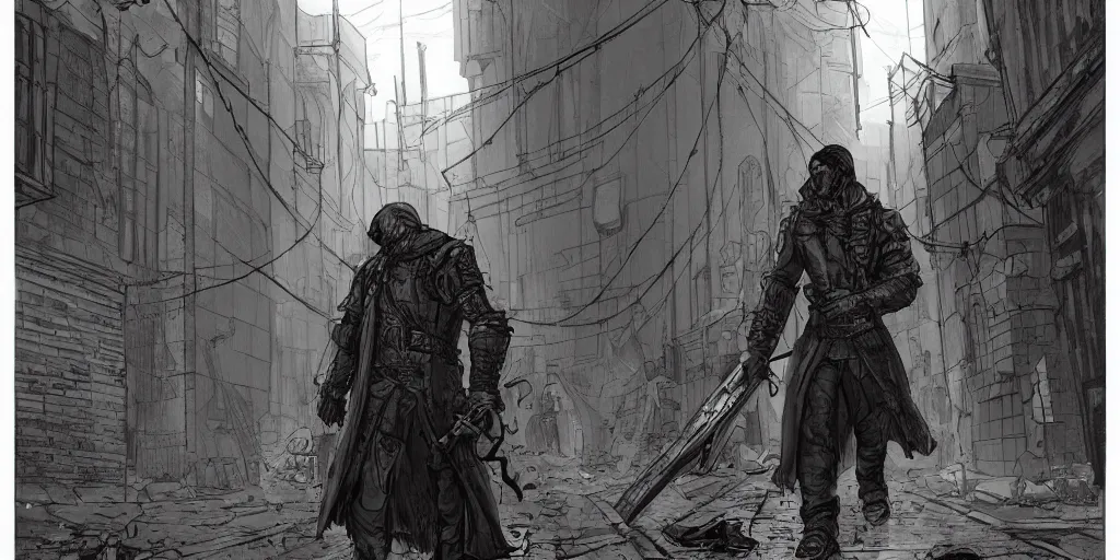 Image similar to dark souls, a haggard detective in a trenchcoat scanning a crimescene in a dystopian cyberpunk alley, sketchy artstyle, digital art, dramatic, thick lines, rough lines, line art, cinematic, trending on artstation