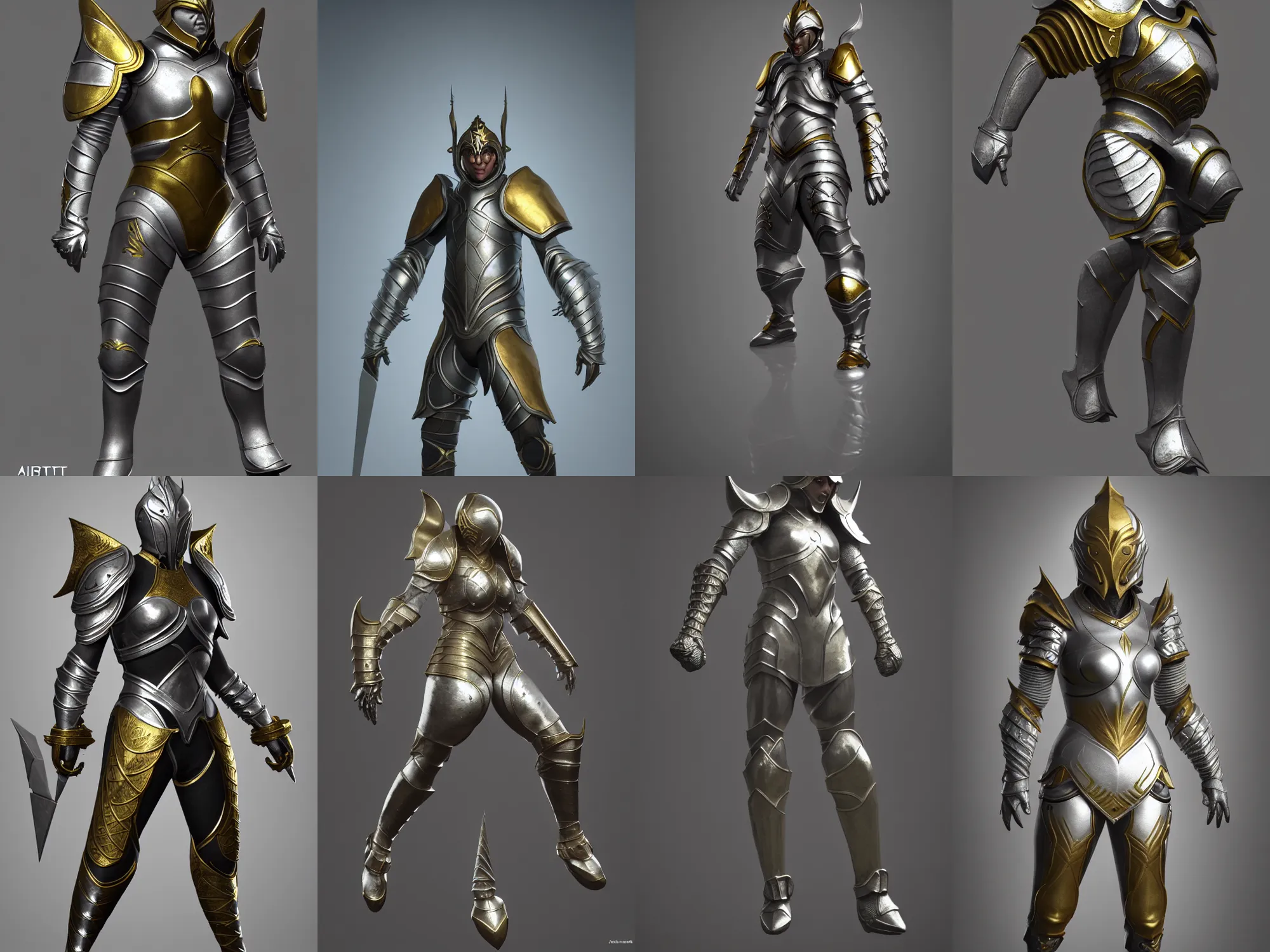 Prompt: render of athletic agile fantasy armor, silver with gold trim, medieval fantasy game art, extremely clean, exaggerated proportions, trending on artstation, HD Octane render, 8k