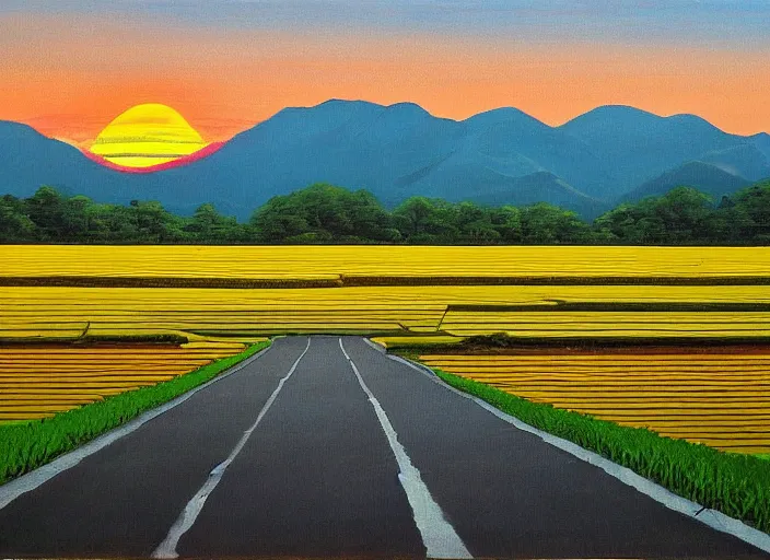 Image similar to painting of a road between rice paddy fields, two big mountains in the background, big yellow sun rising between 2 mountains, oil painting by basuki abdullah