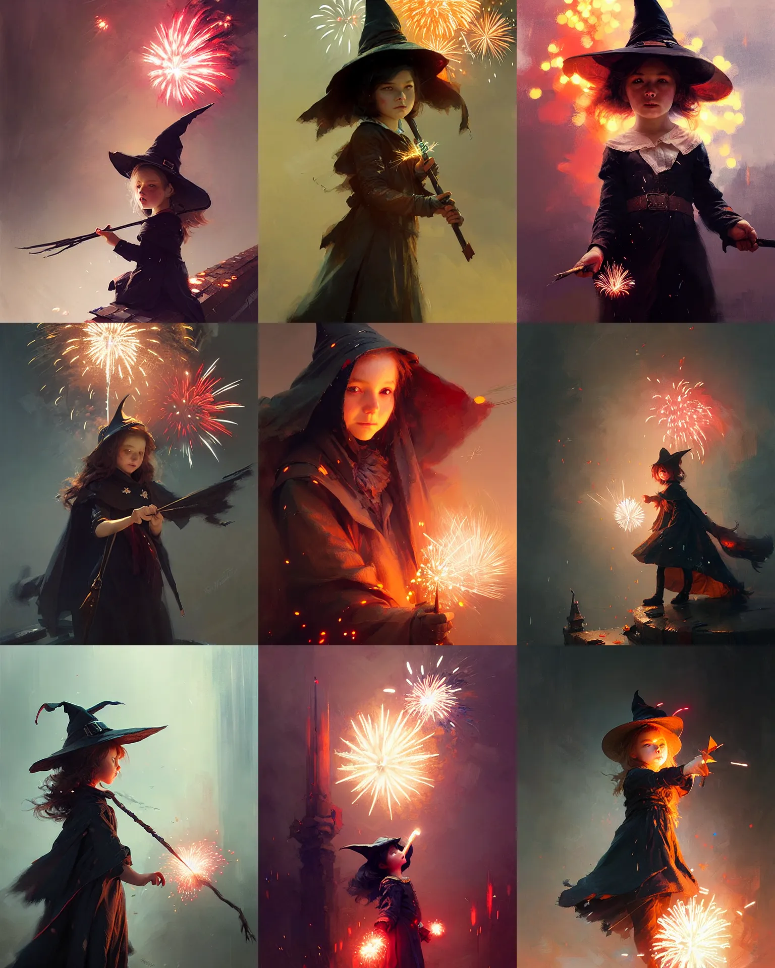 Prompt: cute young witch, fireworks, intricate, sharp focus, illustration, highly detailed, digital painting, concept art, matte, art by ruan jia and wlop and greg rutkowski, masterpiece