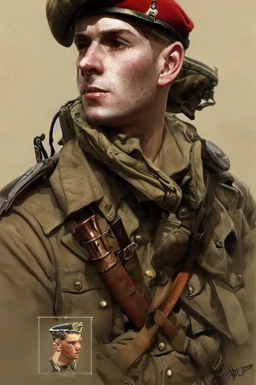 Image similar to A full portrait of a british world war two soldier, intricate, elegant, highly detailed, digital painting, artstation, concept art, smooth, sharp focus, illustration, art by Krenz Cushart and Artem Demura and alphonse mucha