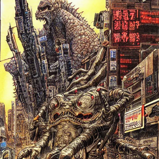 Image similar to sci - fi monster hunters, walking in shinjuku, hyperdetailed, art by liam sharp