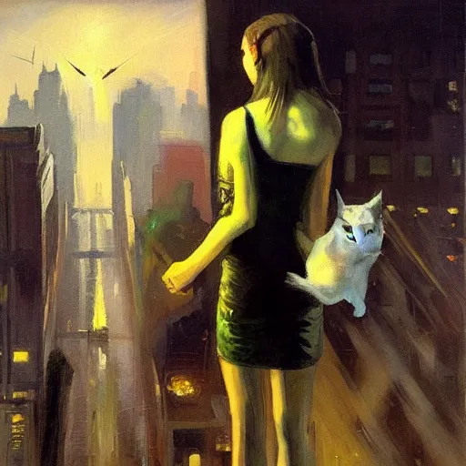 Image similar to “ a girl holding a cat in futuristic new york city, ghostpunk, heavy rain, high detail, oil painting, by george bellows ”