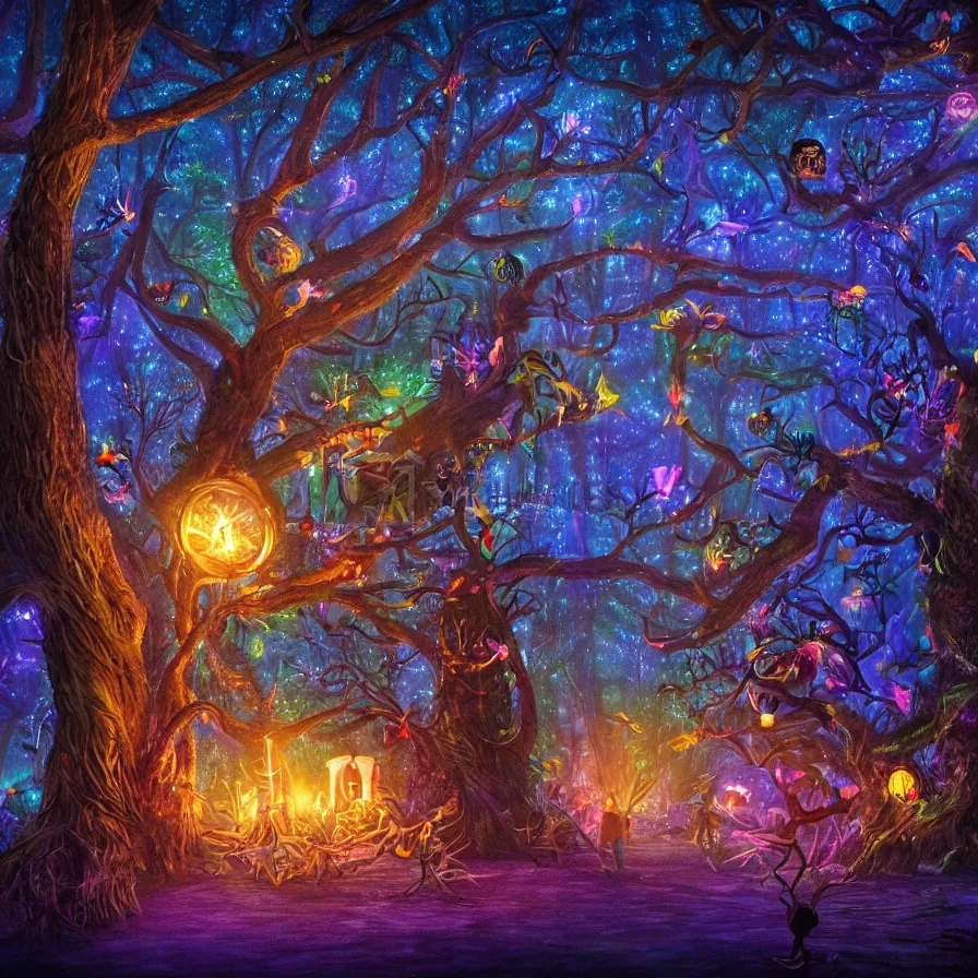 Prompt: a night carnival around a magical tree cavity, with a surreal orange moonlight and fireworks in the background, next to a lake with iridiscent water, christmas lights, folklore animals and people disguised as fantastic creatures in a magical forest by summer night, fantasy art, scene by night, dark night environment, refraction lights, glares