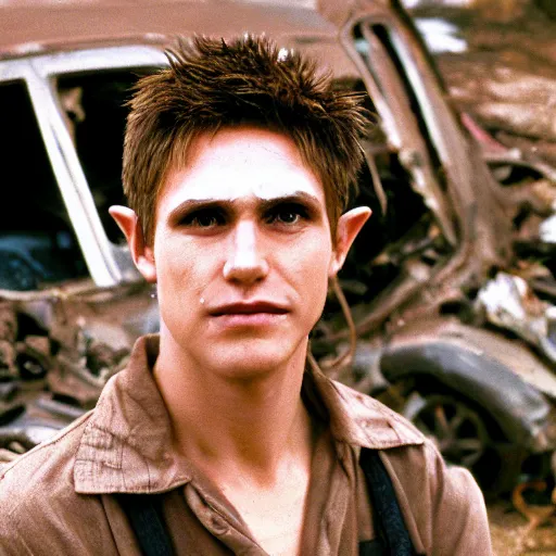 Prompt: close up headshot of a skinny high-fantasy elf with a long face narrow chin and spiky blonde hair wearing dark brown overalls and holding a bomb next to a destroyed car, gel spiked blond hair, small ears, high resolution film still, HDR color