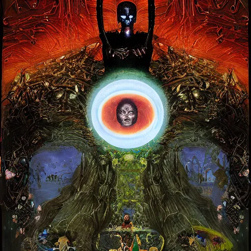 Image similar to one dark figure taming a supercomputer made of nervous system, channeling third eye energy, surrounded by a background of dark cyber mystic garden of earthly delights, midnight hour, painted part by wojciech siudmak, part by ilya repin, part by norman rockwell, part by hype williams, artstation