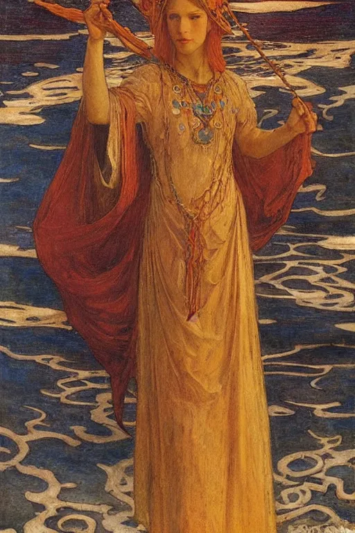 Image similar to queen of the sea and her regalia, by Annie Swynnerton and Nicholas Roerich and jean delville, dramatic cinematic lighting , ornate headdress , flowing robes, lost civilizations, smooth, sharp focus, extremely detailed