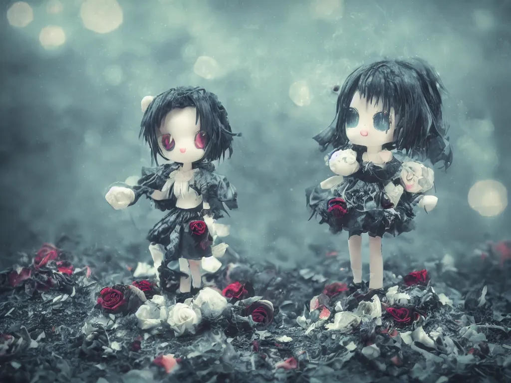 Image similar to cute fumo plush of a gothic maiden girl clutching lots of decayed roses, stale twilight, swirling vortices of emissive smoke and volumetric fog over the river, bokeh, vignette, vray