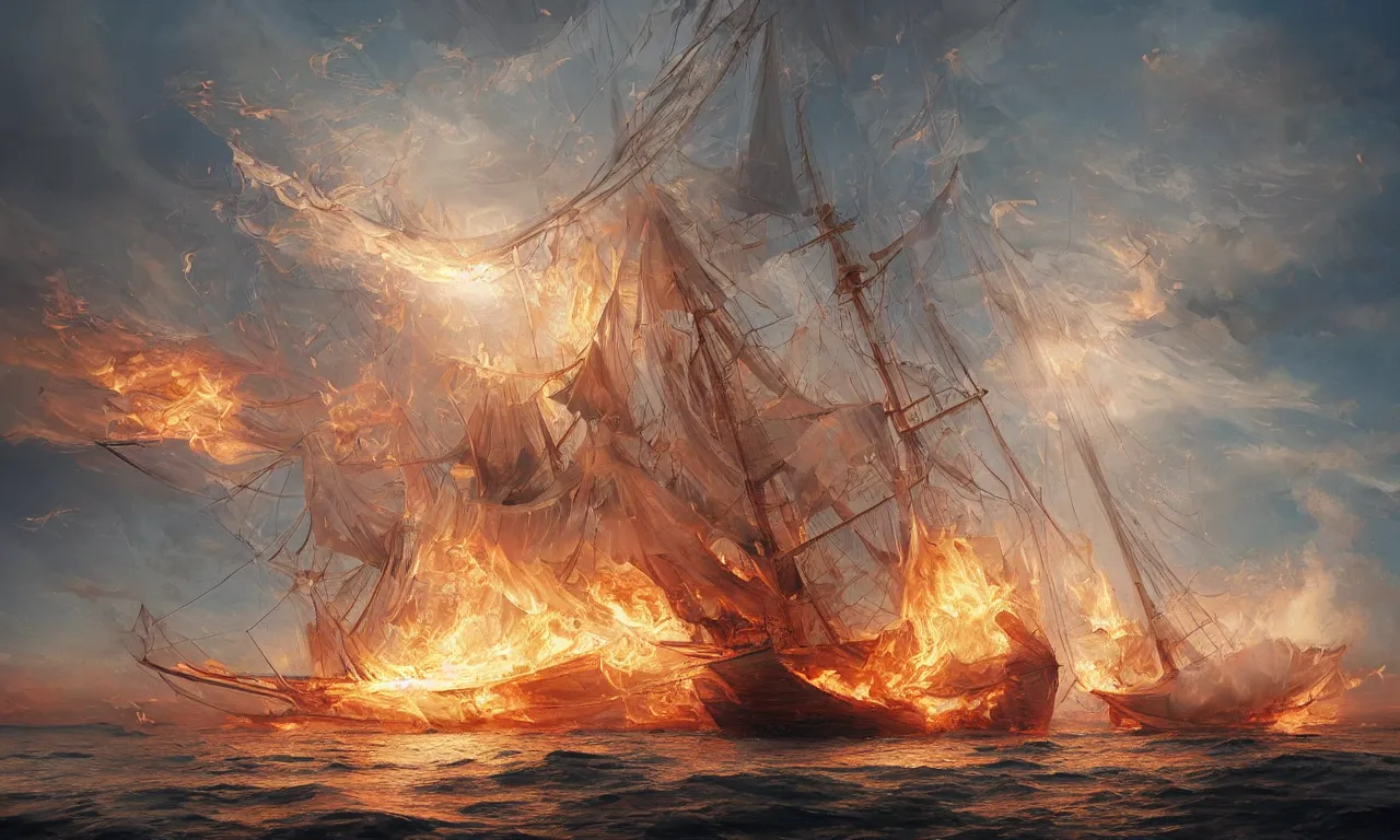 Image similar to a beautiful digital painting of a white caravel on fire flying in the clouds, firestorm of embers in the sunlight, rain of flames numerous burning ropes and intricated sails, blue sky at sunset, elegant, highly detailed, artstation, concept art, matte, sharp focus, art by tom bagshaw, kelogsloops and greg rutkowski