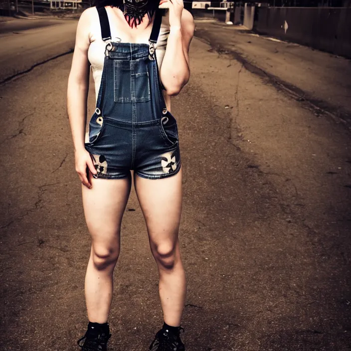 Image similar to fully body pose, photo of a very beautiful!! grungy skull woman, torn overalls, short shorts, fishnets, combat boots, 8 k, hdr, smooth, sharp focus, high resolution, award - winning photo, trending on artstation, dslr, 5 0 mm