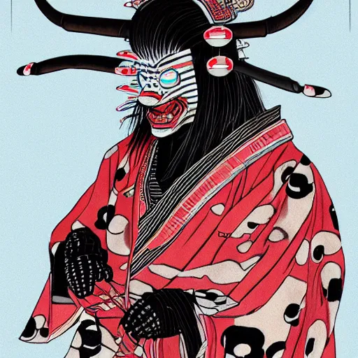 Image similar to a detailed portrait of a fashionable ancient japanese demon oni wearing a cyberpunk bosozoku outfit the style of william blake and norman rockwell, kubrick, muted color scheme, crisp, artstationhd