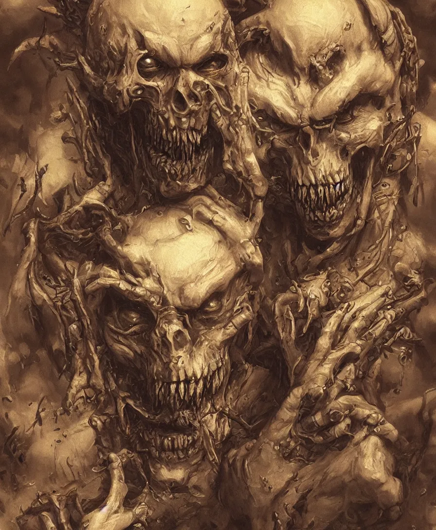 Image similar to bust portrait close up devil with skull on hand, illustrated by Simon Stålenhag and Gaston Bussiere, intricate, ultra detailed, photorealistic, trending on artstation