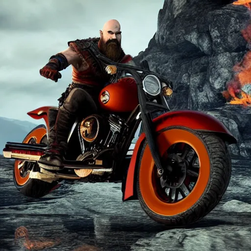 Image similar to kratos jumping a black harley - davidson motorcycle off a cliff, cinematic render, playstation studios official media, god of war 2 0 1 8, flames, centered