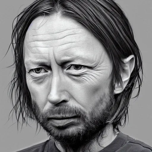 Prompt: Caricature portraits done of Thom Yorke, realistic, hyperrealistic, very realistic, highly detailed, very detailed, extremely detailed, detailed, oil painting, digital art, trending on artstation
