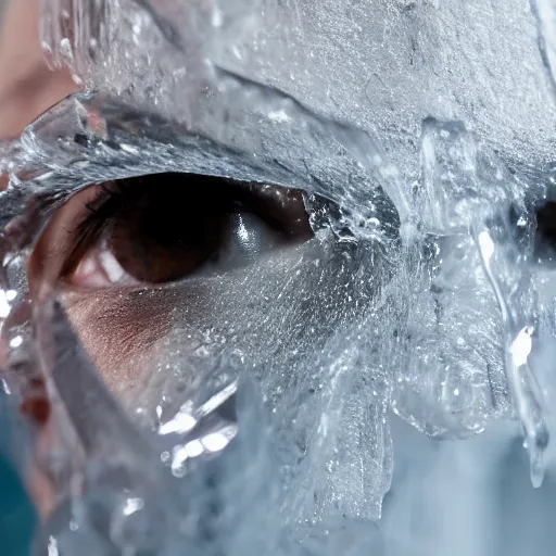 Prompt: see through clear sheet of ice in front of face behind ice 80mm eye close up