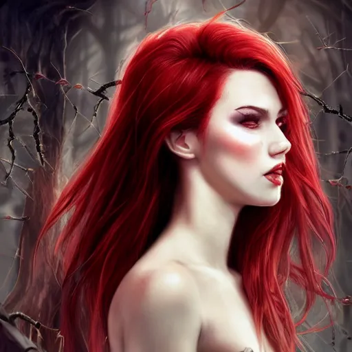 Prompt: side portrait of beautiful vampire, rose thorn crown, thorns everywhere, headshot, pale skin, 4k, bright red hair rule of thirds, extreme detail, detailed drawing, trending artstation, hd, fantasy, D&D, realistic lighting, by Artgerm, Thomas Kindkade, sharp focus, backlit, elegant