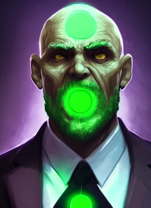 Image similar to a highly detailed illustration of bald old man wearing suit with green glowing eyes, dramatic standing pose, intricate, elegant, highly detailed, centered, digital painting, artstation, concept art, smooth, sharp focus, league of legends concept art, wlop.