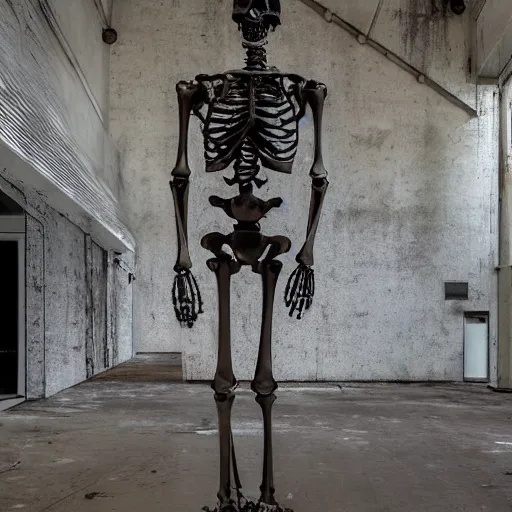 Prompt: metallic sculpture of a silver skeleton standing in an abandoned shopping mall, painted by HR Giger