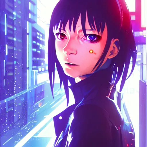 Prompt: cyberpunk anime art, refractions on lens, rowan atkinson as a beautiful cyborg girl in the style of arcane, full round face, biomechanical details, full body shot, rain, wet street, window reflections, lens flare, wlop, ilya kuvshinov, artgerm, krenz cushart, greg rutkowski