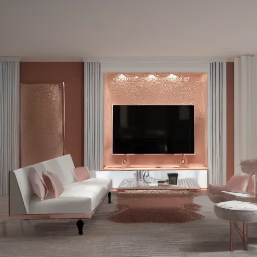 Image similar to 3 d render of white living room with rose gold metallic accents