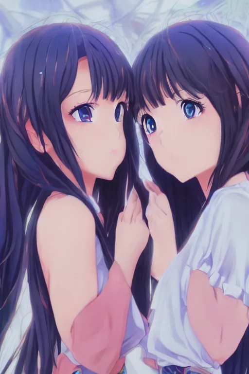 Image similar to two identical beautiful female idols standing face to face, detailed anime art